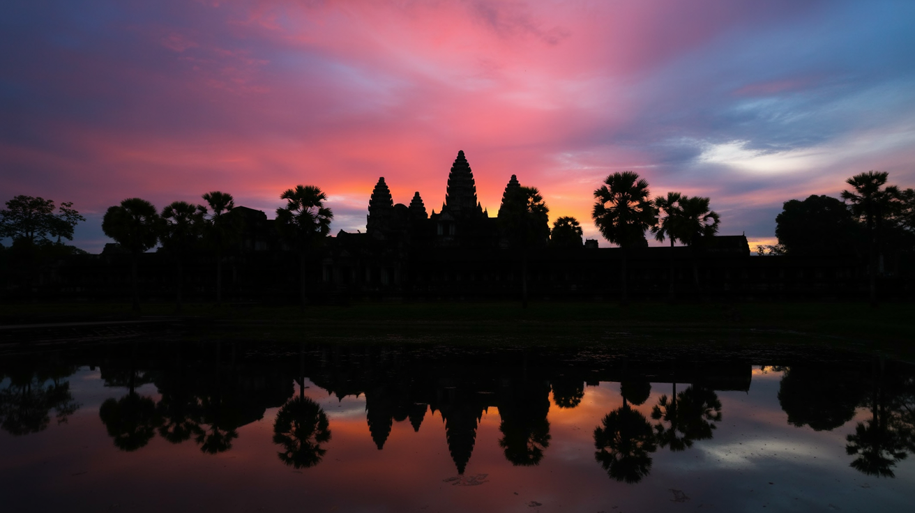 Angkor Wat from the reflection pool — arrive before 5:30am for this position before the crowds arrive